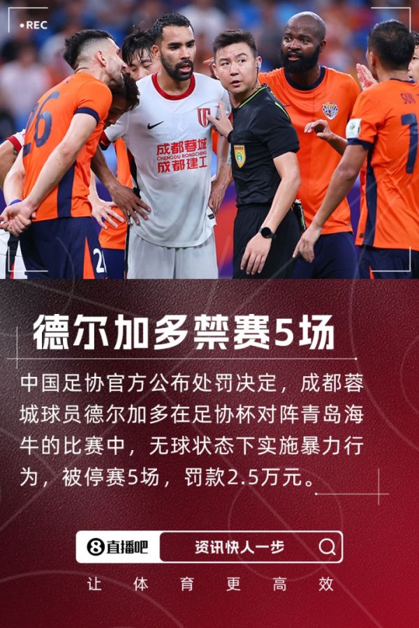 重罚！足协官方：德尔增加无球实施暴力作为，停赛5场罚金2.5万！