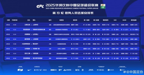 中超第19轮裁判：泰国裁判国法蓉城vs泰山，马宁国法深圳vs浙江