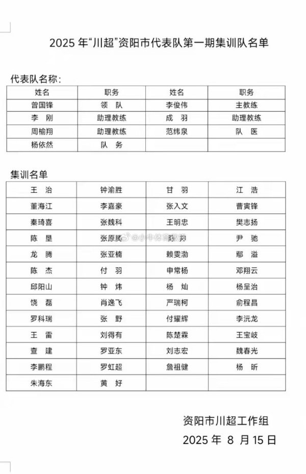 “川超”资阳队公布大名单：共50东说念主入选，全市130余东说念主投入礼聘