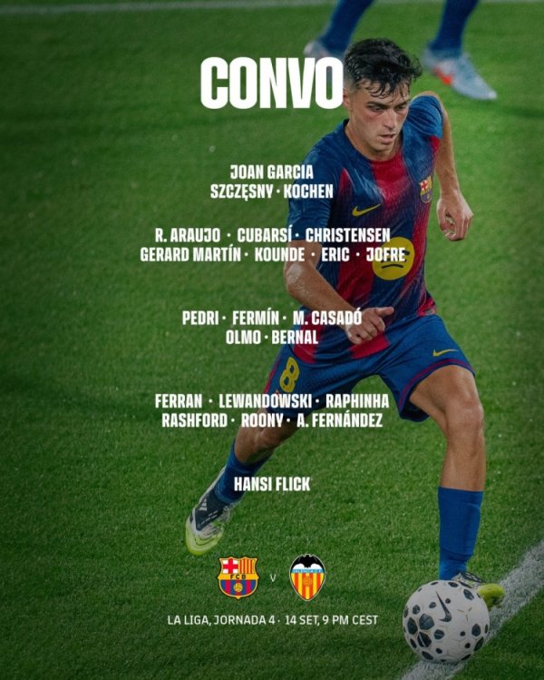 巴萨对阵瓦伦西亚名单：伯纳尔总结，亚马尔、德容、加维缺席