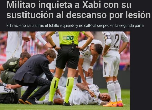 输球又折将！马卡：米利唐脚踝受伤恭候进一步检查 客岁伤缺255天