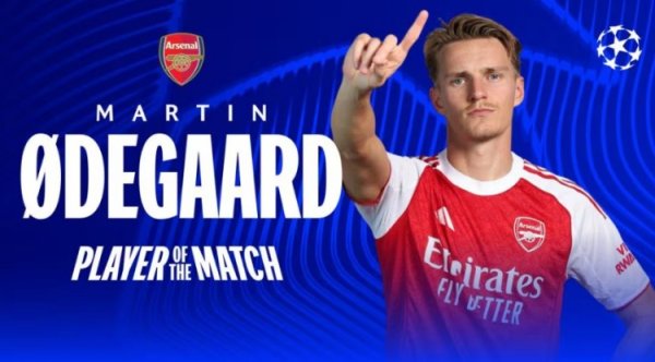 1助攻4重要传球，厄德高当选阿森纳2-0奥林匹亚科斯一役全场最好