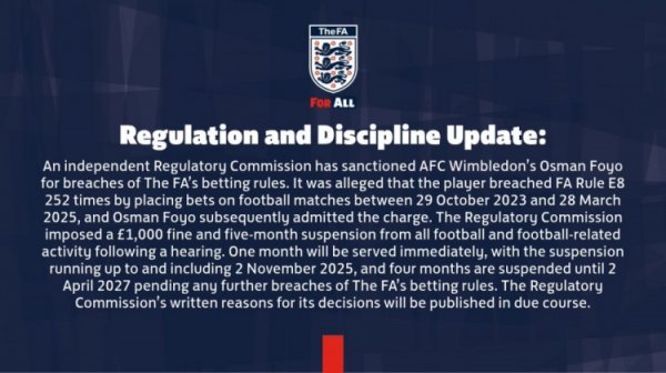 官方：英甲球员福约252次违背博彩条例，被罚金1000镑+禁赛5个月