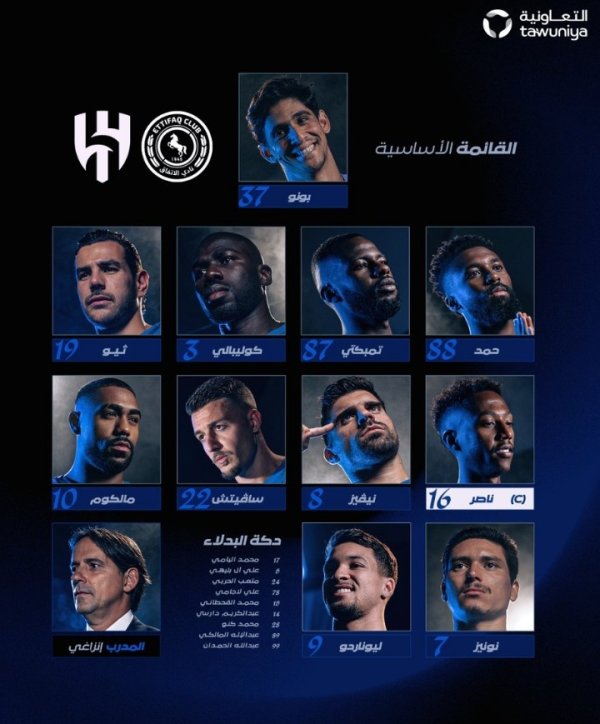 利雅得眉月对阵达曼勾通首发：努涅斯领衔，特奥、米林在列