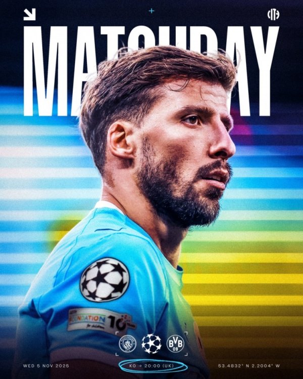 强强对话！曼城发布欧冠对阵多特海报，鲁本-迪亚斯单东说念主出镜