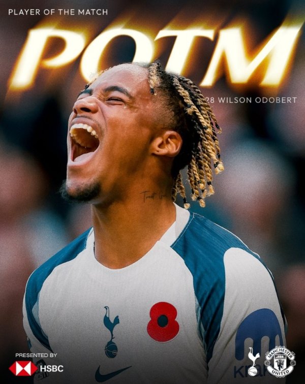 送出助攻，热刺官方：20岁奥多贝尔当选2-2曼联队内最好球员